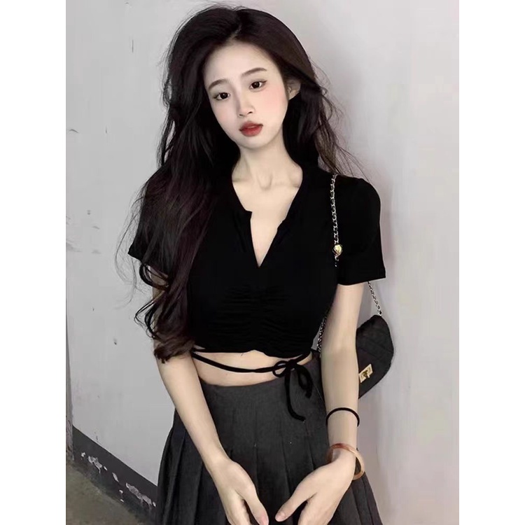 Áo Thun Nữ Ngắn Tay Cổ Chữ v Lưng Cao Dây Rút Thời Trang