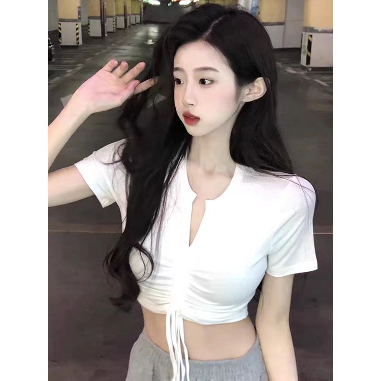 Áo Thun Nữ Ngắn Tay Cổ Chữ v Lưng Cao Dây Rút Thời Trang