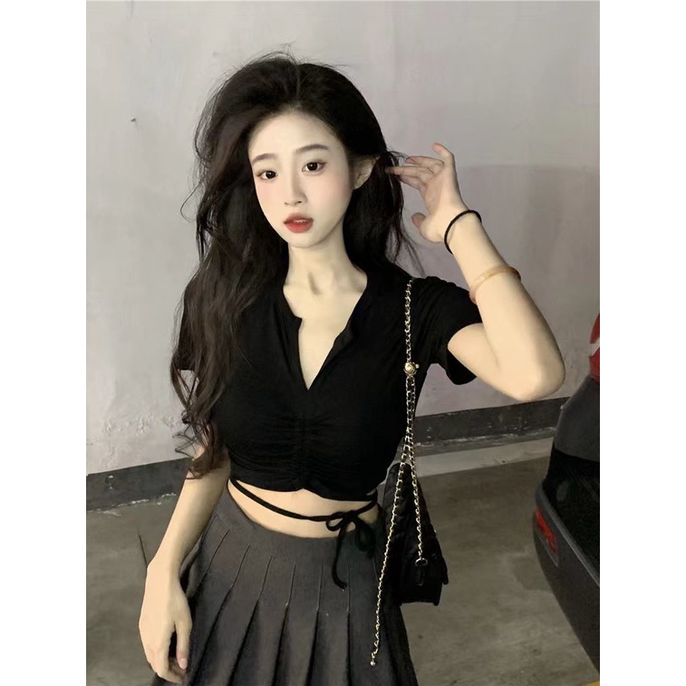 Áo Thun Nữ Ngắn Tay Cổ Chữ v Lưng Cao Dây Rút Thời Trang