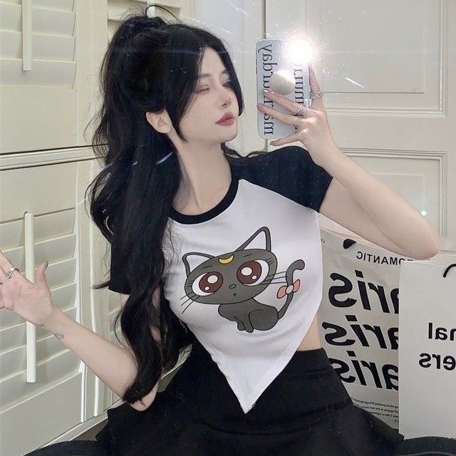 Jiashucheng Áo Thun Ngắn Tay Ôm Dáng Màu Tương Phản In Họa Tiết Hoạt Hình Phong Cách Desire Cho Nữ