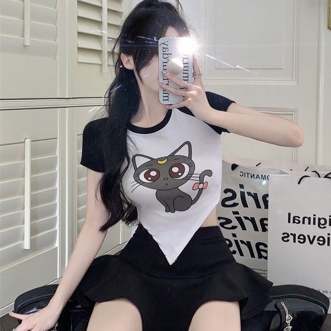 Jiashucheng Áo Thun Ngắn Tay Ôm Dáng Màu Tương Phản In Họa Tiết Hoạt Hình Phong Cách Desire Cho Nữ