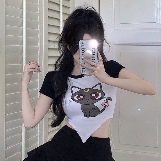 Jiashucheng Áo Thun Ngắn Tay Ôm Dáng Màu Tương Phản In Họa Tiết Hoạt Hình Phong Cách Desire Cho Nữ