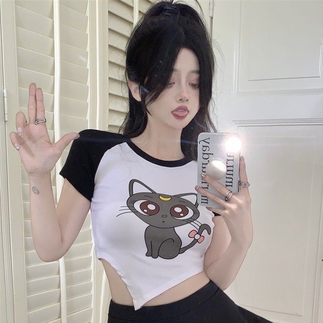 Jiashucheng Áo Thun Ngắn Tay Ôm Dáng Màu Tương Phản In Họa Tiết Hoạt Hình Phong Cách Desire Cho Nữ