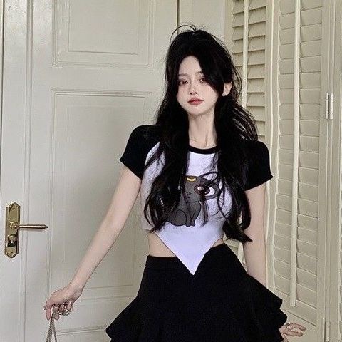 Jiashucheng Áo Thun Ngắn Tay Ôm Dáng Màu Tương Phản In Họa Tiết Hoạt Hình Phong Cách Desire Cho Nữ