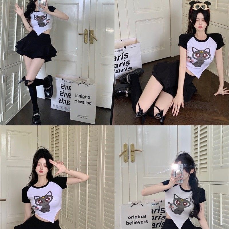 Jiashucheng Áo Thun Ngắn Tay Ôm Dáng Màu Tương Phản In Họa Tiết Hoạt Hình Phong Cách Desire Cho Nữ