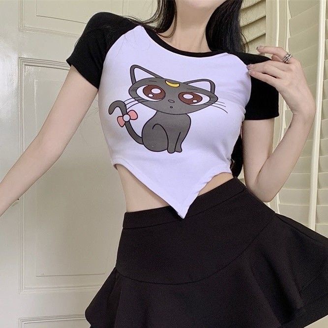 Jiashucheng Áo Thun Ngắn Tay Ôm Dáng Màu Tương Phản In Họa Tiết Hoạt Hình Phong Cách Desire Cho Nữ