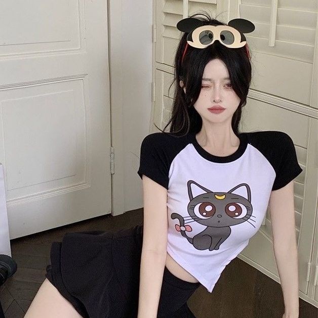 Jiashucheng Áo Thun Ngắn Tay Ôm Dáng Màu Tương Phản In Họa Tiết Hoạt Hình Phong Cách Desire Cho Nữ