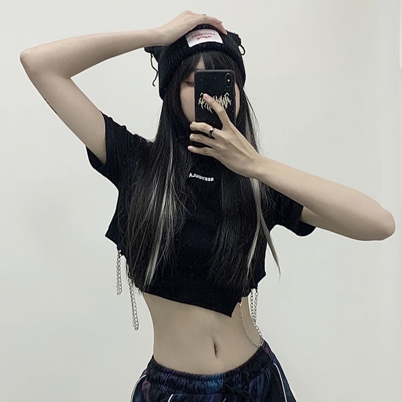 Jiashucheng Áo Thun Đen Tay Ngắn Hở Rốn In Chữ Phong Cách Mới Cho Nữ