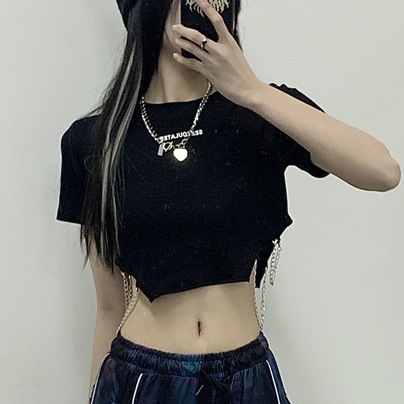 Jiashucheng Áo Thun Đen Tay Ngắn Hở Rốn In Chữ Phong Cách Mới Cho Nữ