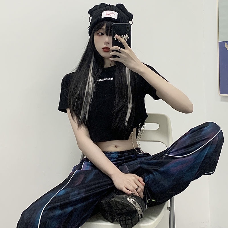 Jiashucheng Áo Thun Đen Tay Ngắn Hở Rốn In Chữ Phong Cách Mới Cho Nữ