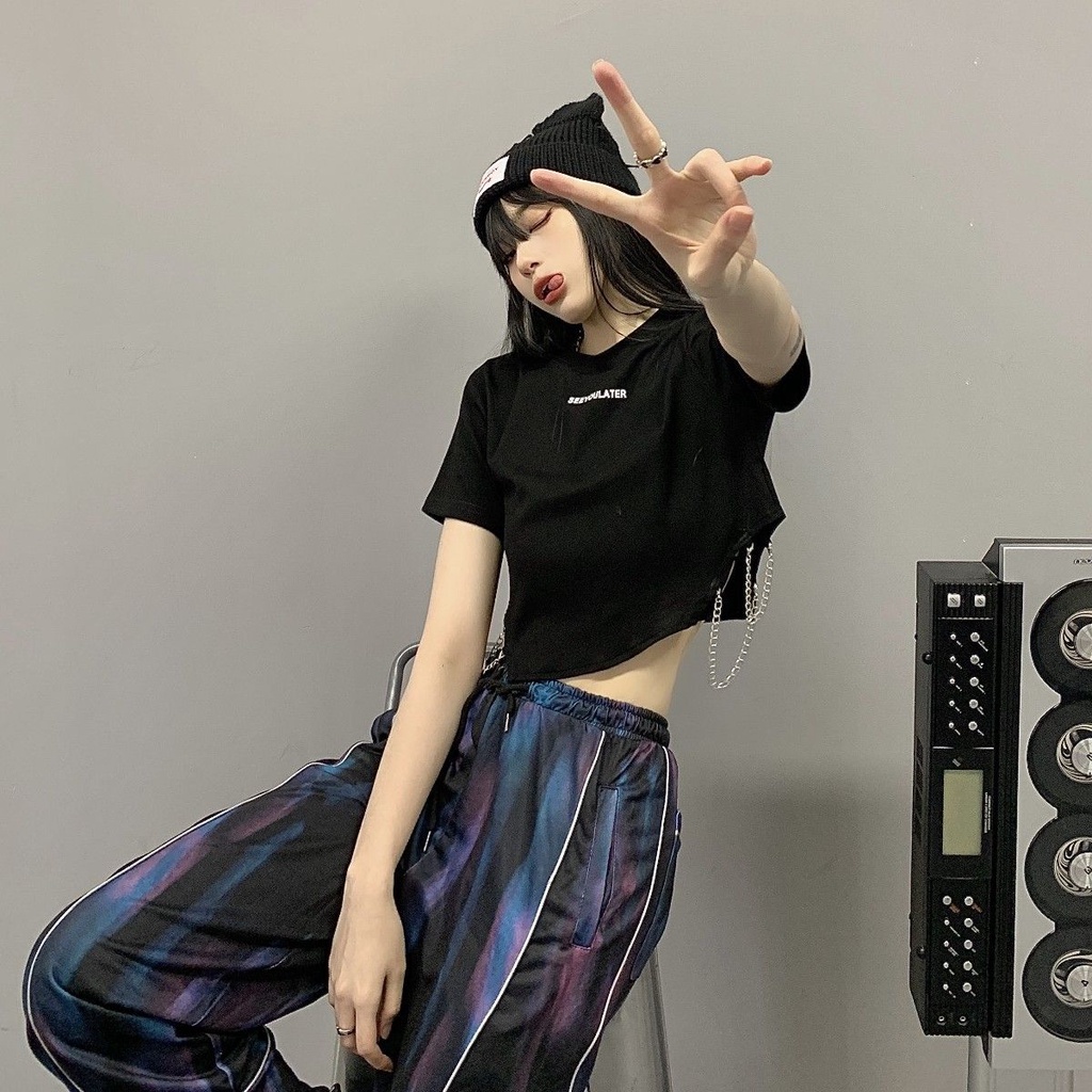Jiashucheng Áo Thun Đen Tay Ngắn Hở Rốn In Chữ Phong Cách Mới Cho Nữ