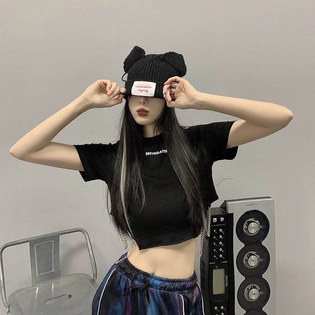 Jiashucheng Áo Thun Đen Tay Ngắn Hở Rốn In Chữ Phong Cách Mới Cho Nữ