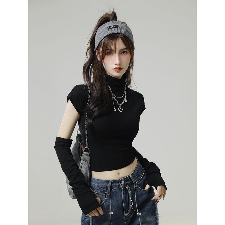 Jiashucheng Áo Thun Mỏng Cổ Cao Buộc Dây Eo Nhỏ Nhắn Cá Tính Ngọt Ngào