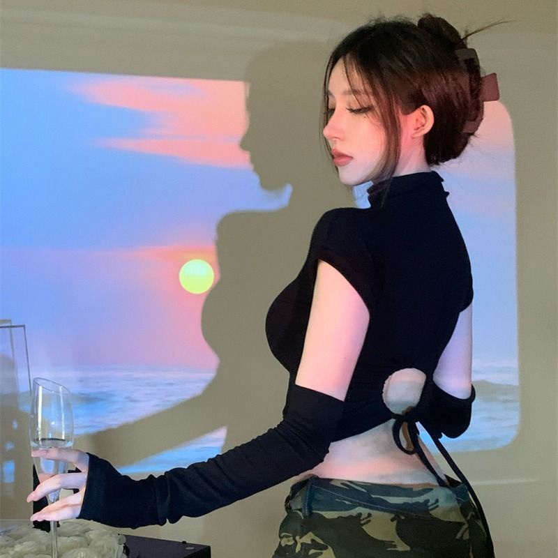 Jiashucheng Áo Thun Mỏng Cổ Cao Buộc Dây Eo Nhỏ Nhắn Cá Tính Ngọt Ngào