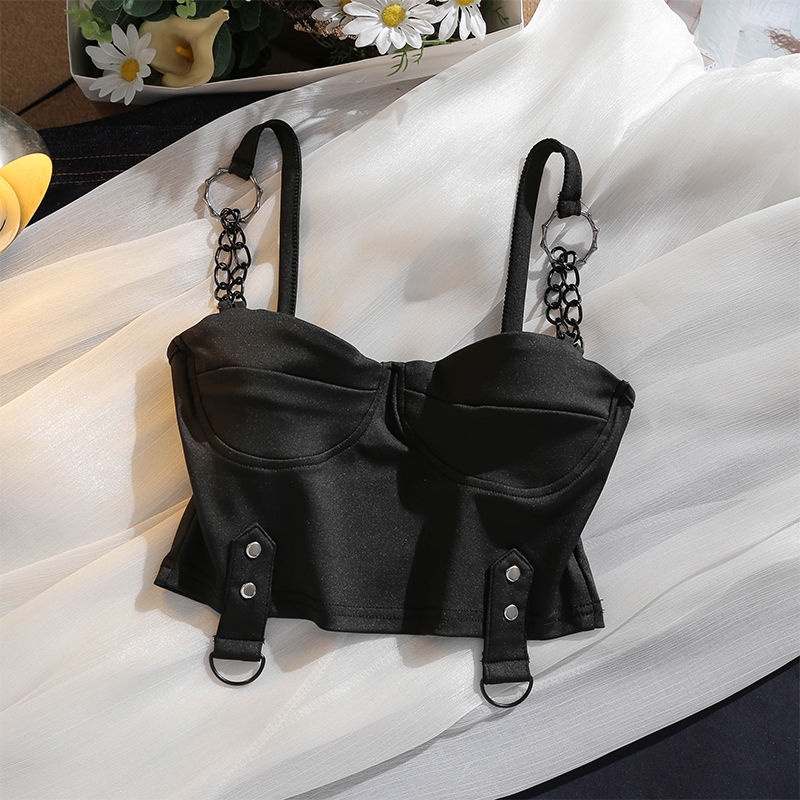 Jiashucheng Áo Ống Ngắn Phối Dây Xích Phong Cách Punk Đường Phố Âu Mỹ