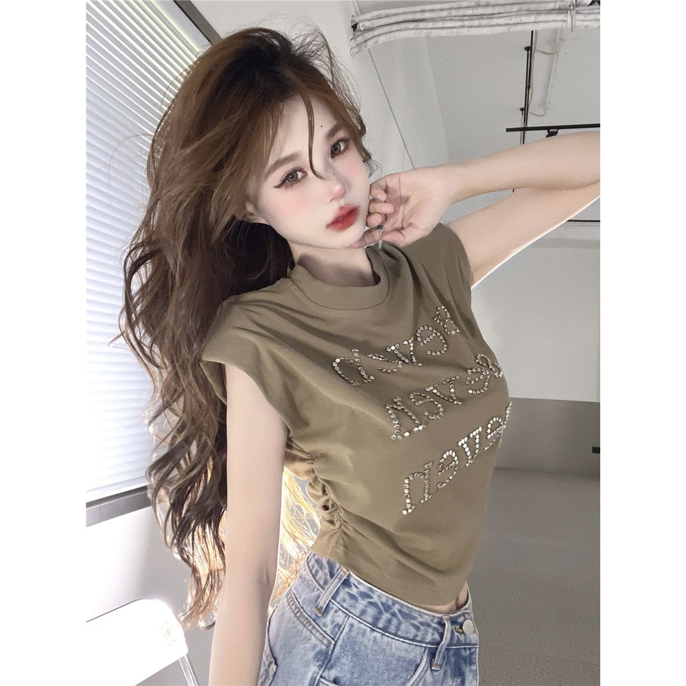Jiashucheng Áo Thun Ngắn Tay Xếp Ly Phong Cách Kim Cương Nặng Mùa Hè Mới Cho Nữ