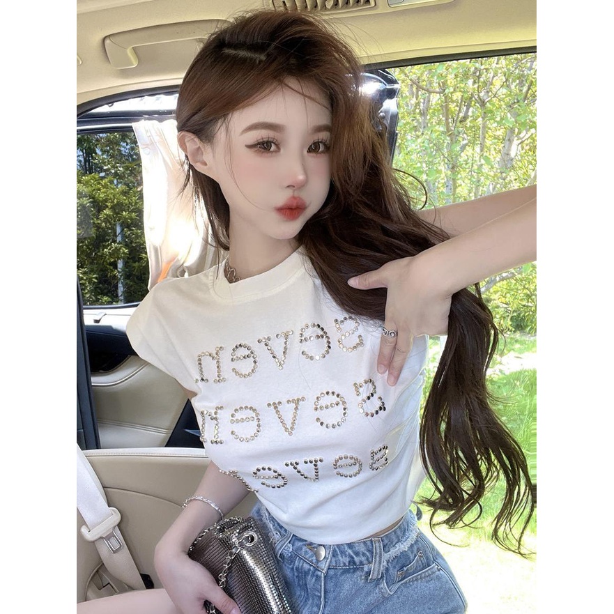 Jiashucheng Áo Thun Ngắn Tay Xếp Ly Phong Cách Kim Cương Nặng Mùa Hè Mới Cho Nữ
