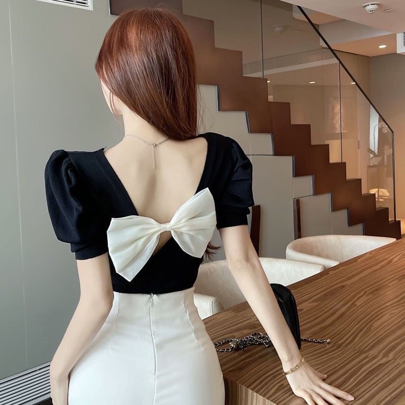 Áo Thun Tay Ngắn Màu Trắng Đính Nơ 2 Phong Cách Mới Mùa Hè Cho Nữ