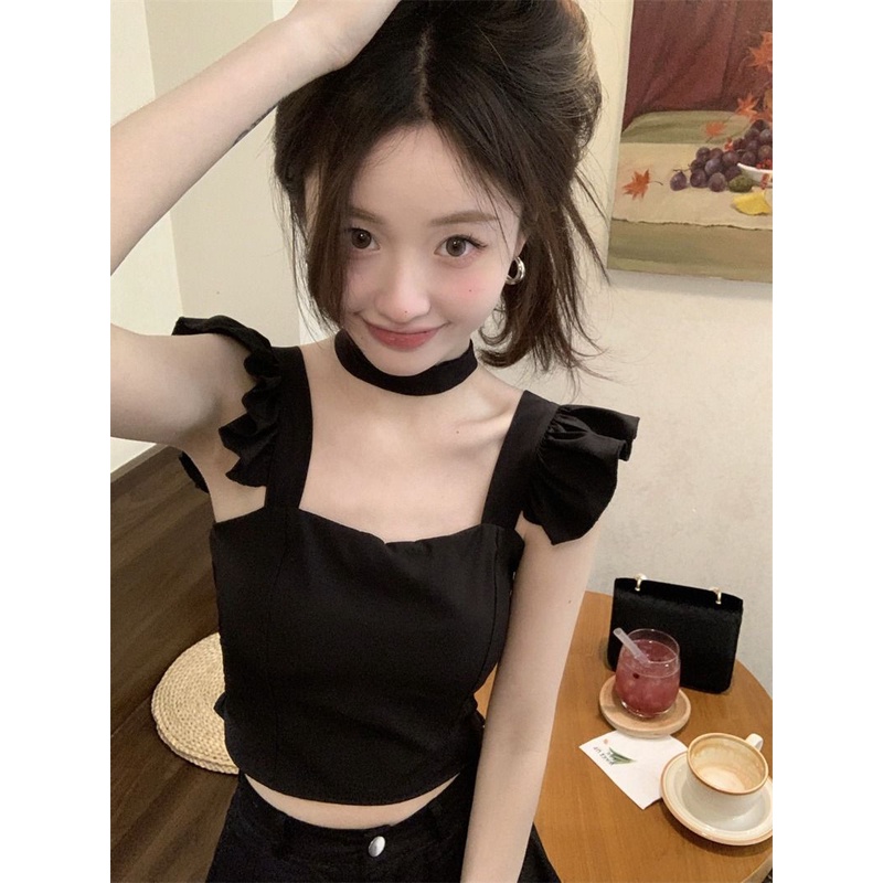 Jiashucheng Áo Hai Dây Ngắn Ôm Dáng Cột Nơ Phong Cách Mùa Xuân Ngọt Ngào Cho Nữ