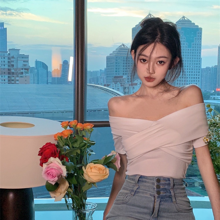 Jiashucheng Áo Thun Tay Ngắn Lệch Vai Phong Cách Mới Mùa Hè Cho Nữ