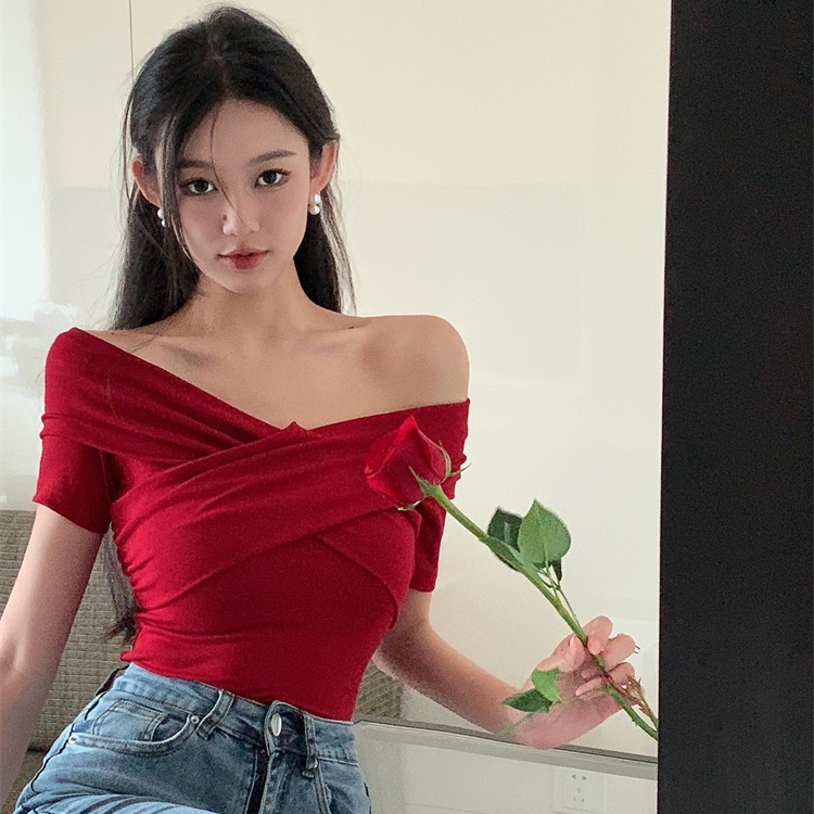 Jiashucheng Áo Thun Tay Ngắn Lệch Vai Phong Cách Mới Mùa Hè Cho Nữ