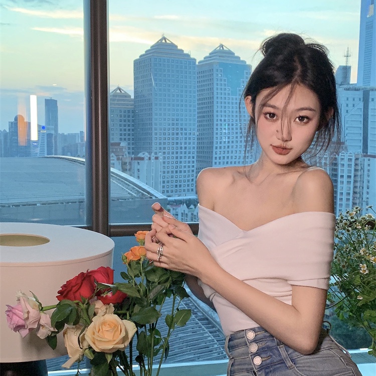 Jiashucheng Áo Thun Tay Ngắn Lệch Vai Phong Cách Mới Mùa Hè Cho Nữ