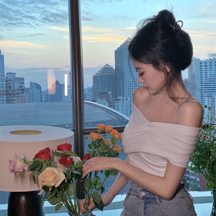 Jiashucheng Áo Thun Tay Ngắn Lệch Vai Phong Cách Mới Mùa Hè Cho Nữ