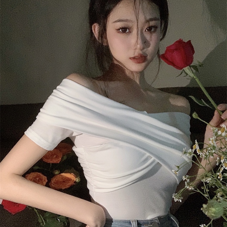 Jiashucheng Áo Thun Tay Ngắn Lệch Vai Phong Cách Mới Mùa Hè Cho Nữ