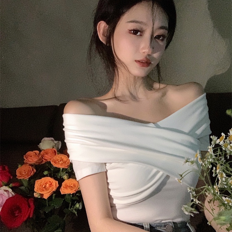 Jiashucheng Áo Thun Tay Ngắn Lệch Vai Phong Cách Mới Mùa Hè Cho Nữ