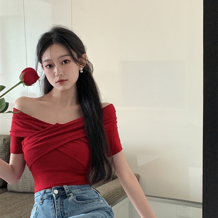 Jiashucheng Áo Thun Tay Ngắn Lệch Vai Phong Cách Mới Mùa Hè Cho Nữ