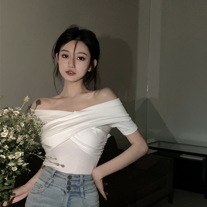 Jiashucheng Áo Thun Tay Ngắn Lệch Vai Phong Cách Mới Mùa Hè Cho Nữ