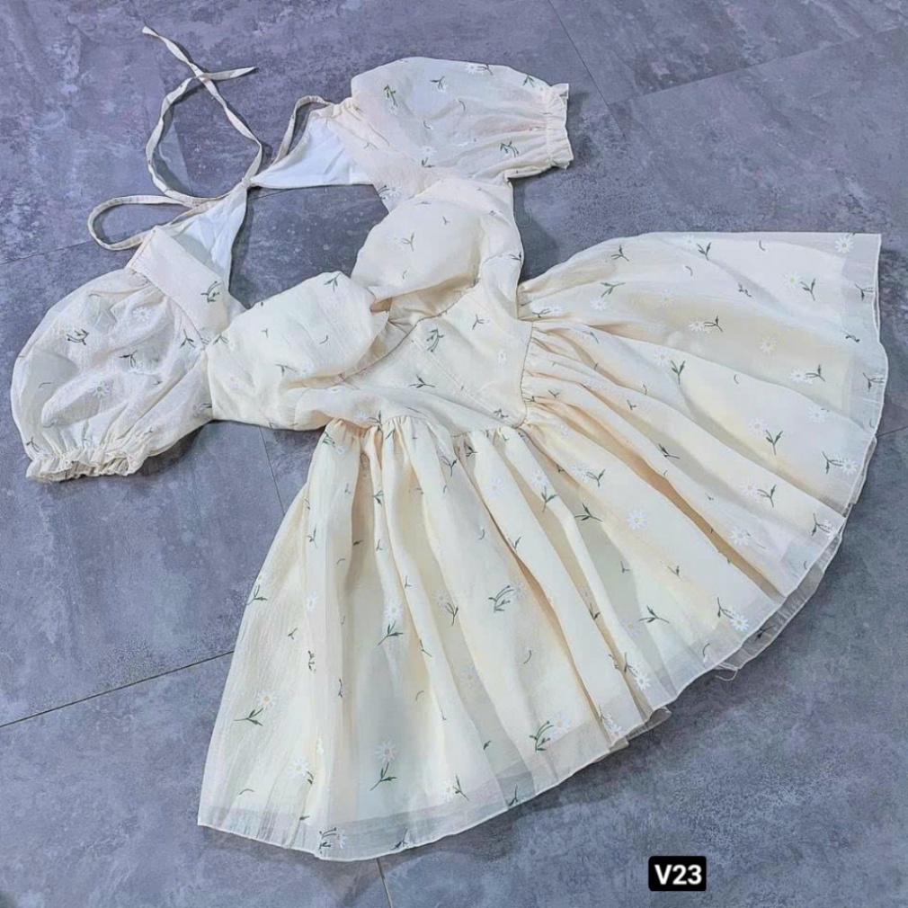 Đầm Đi Tiệc Vải Hoa Tay Phồng Hở Lưng, Váy tiểu thư dáng phồng cúp ngực, Váy hoa nhí dáng ngắn chất voan tơ sang chảnh n
