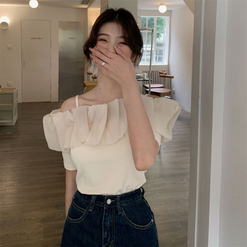 Jiashucheng Áo Chiffon Trễ Vai Phối Bèo Thời Trang Mùa Hè Hàng Mới Dành Cho Bạn Nữ