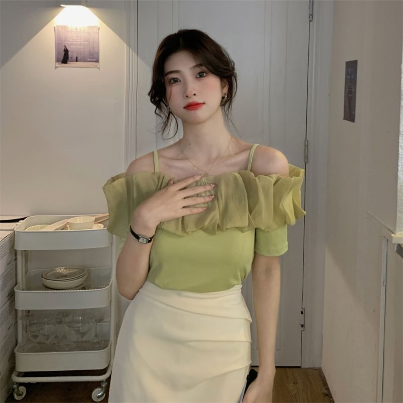 Jiashucheng Áo Chiffon Trễ Vai Phối Bèo Thời Trang Mùa Hè Hàng Mới Dành Cho Bạn Nữ