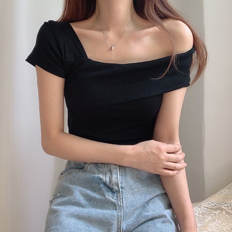 Jiashucheng Áo Thun Tay Ngắn Lệch Vai Dáng Ôm Vừa Vặn Với Cổ Áo Chéo Màu Sáng Kiểu Đảm Bảo Xương Quai Chéo Mùa