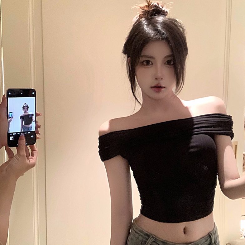 Jiashucheng Áo Thun Tay Ngắn Hở Vai Dáng Ôm Eo Hẹp Thời Trang Mùa Hè Kiểu Mới Dành Cho Bạn Nữ @