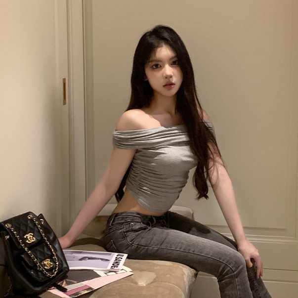 Jiashucheng Áo Thun Tay Ngắn Hở Vai Dáng Ôm Eo Hẹp Thời Trang Mùa Hè Kiểu Mới Dành Cho Bạn Nữ @