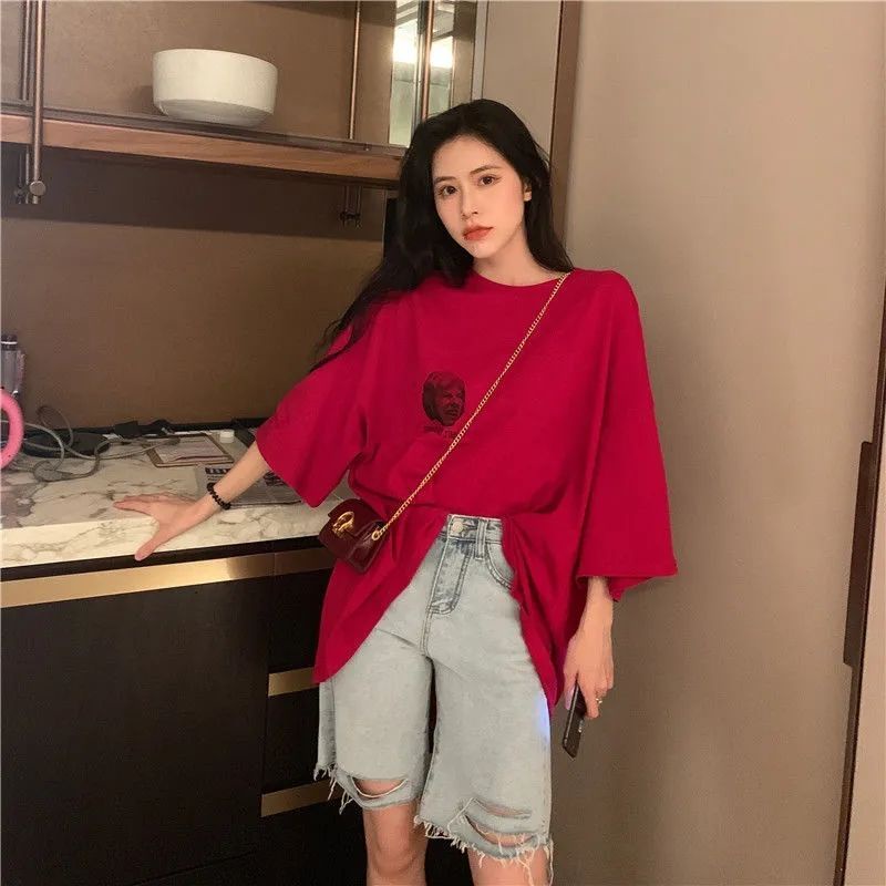 Jiashucheng Áo Thun Tay Lỡ Dáng Rộng Vừa Vặn Thời Trang Mùa Hè Cho Nữ @ @