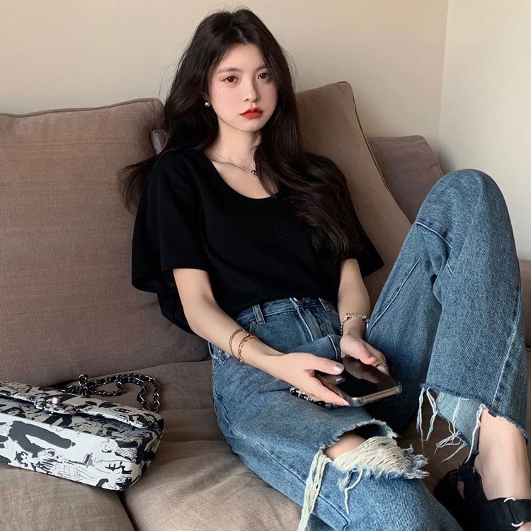 Áo Thun Tay Ngắn Màu Đen Dáng Rộng Thời Trang Mùa Hè Cho Nữ