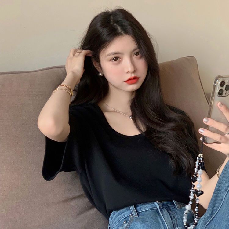 Áo Thun Tay Ngắn Màu Đen Dáng Rộng Thời Trang Mùa Hè Cho Nữ