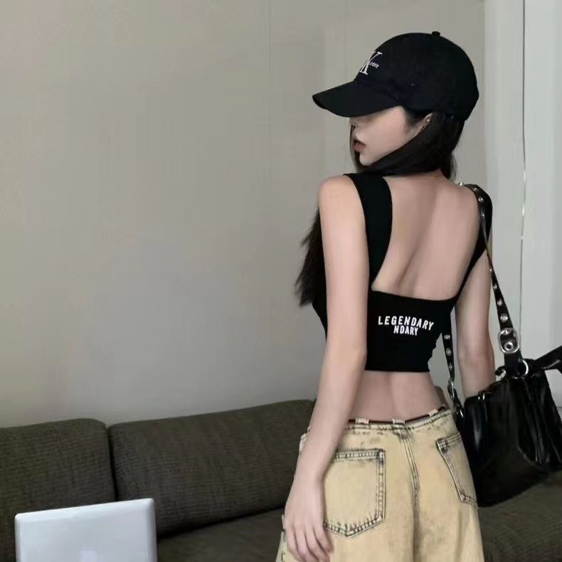 Jiashucheng Áo Hai Dây Cổ Chữ U In Chữ Có Đệm Ngực Phong Cách Mới Cho Nữ Mặc Bên Ngoài