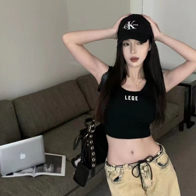 Jiashucheng Áo Hai Dây Cổ Chữ U In Chữ Có Đệm Ngực Phong Cách Mới Cho Nữ Mặc Bên Ngoài