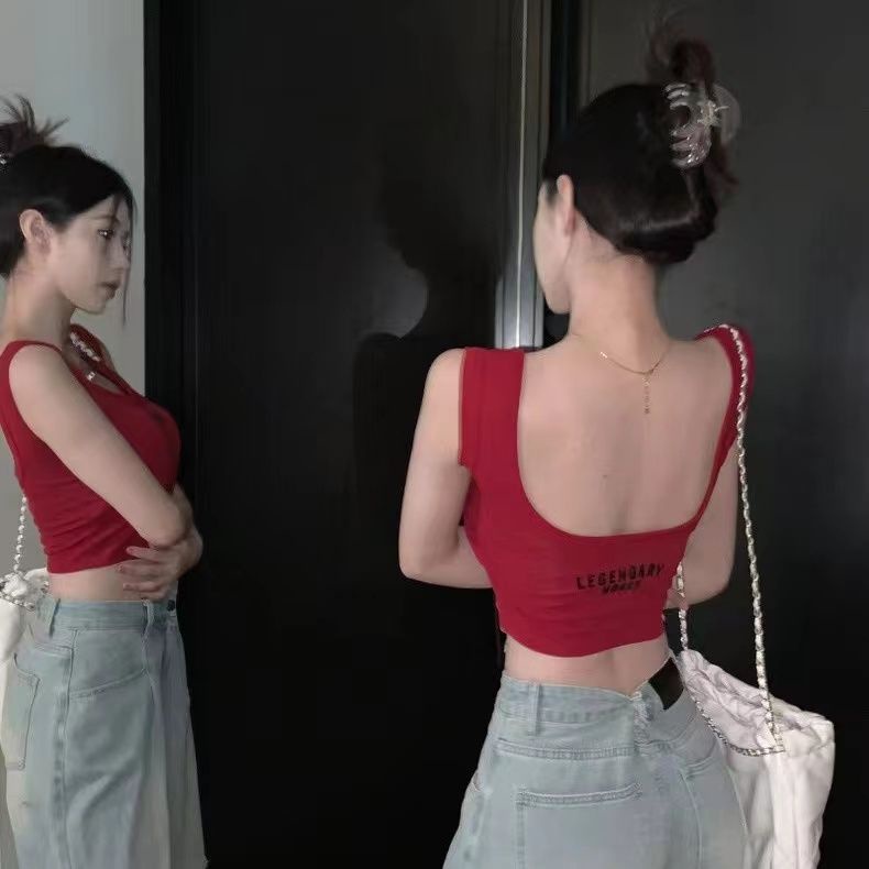 Jiashucheng Áo Hai Dây Cổ Chữ U In Chữ Có Đệm Ngực Phong Cách Mới Cho Nữ Mặc Bên Ngoài