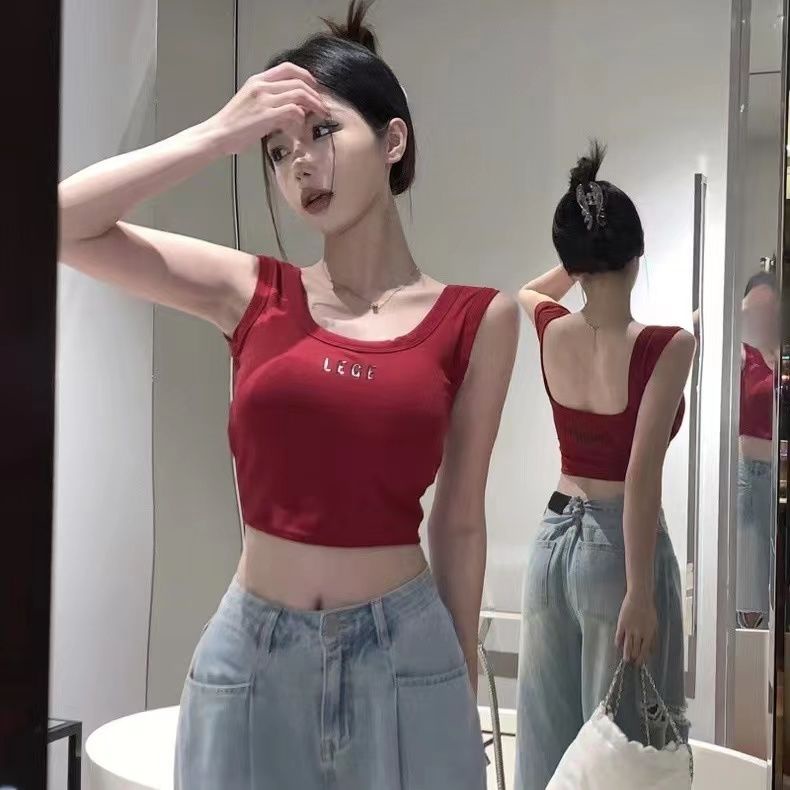 Jiashucheng Áo Hai Dây Cổ Chữ U In Chữ Có Đệm Ngực Phong Cách Mới Cho Nữ Mặc Bên Ngoài