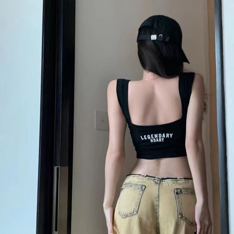 Jiashucheng Áo Hai Dây Cổ Chữ U In Chữ Có Đệm Ngực Phong Cách Mới Cho Nữ Mặc Bên Ngoài