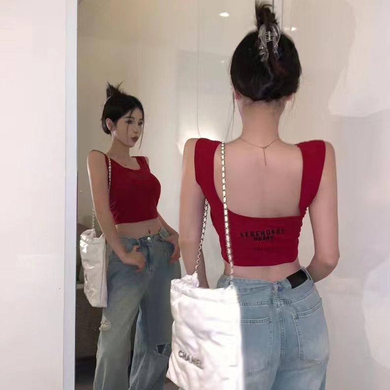 Jiashucheng Áo Hai Dây Cổ Chữ U In Chữ Có Đệm Ngực Phong Cách Mới Cho Nữ Mặc Bên Ngoài