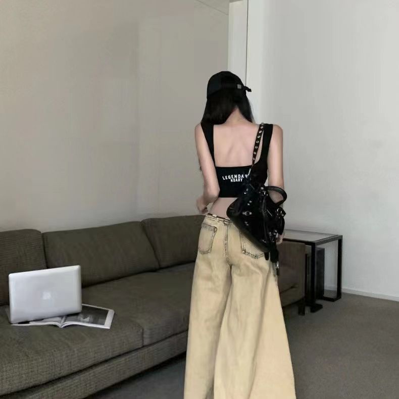 Jiashucheng Áo Hai Dây Cổ Chữ U In Chữ Có Đệm Ngực Phong Cách Mới Cho Nữ Mặc Bên Ngoài