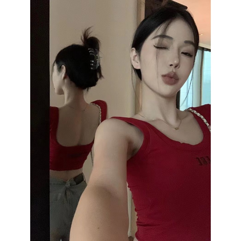 Jiashucheng Áo Hai Dây Cổ Chữ U In Chữ Có Đệm Ngực Phong Cách Mới Cho Nữ Mặc Bên Ngoài