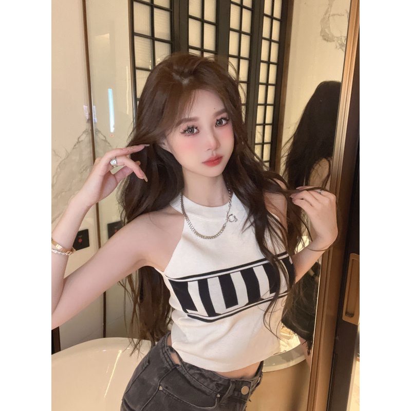 Jiashucheng Áo Ống Ngắn Hai Dây In Chữ Thời Trang Mùa Hè Cho Nữ