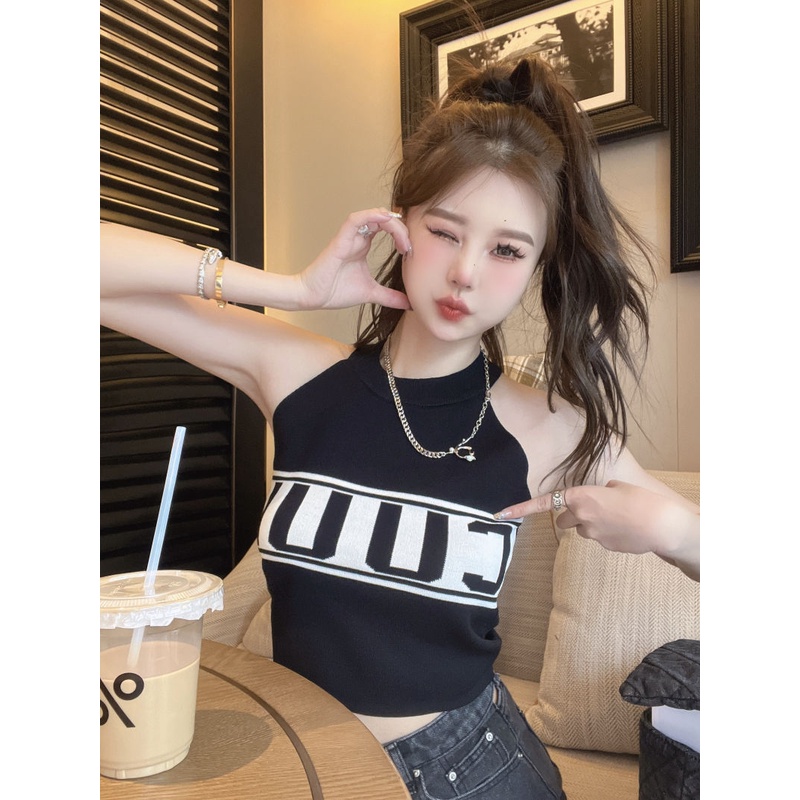 Jiashucheng Áo Ống Ngắn Hai Dây In Chữ Thời Trang Mùa Hè Cho Nữ